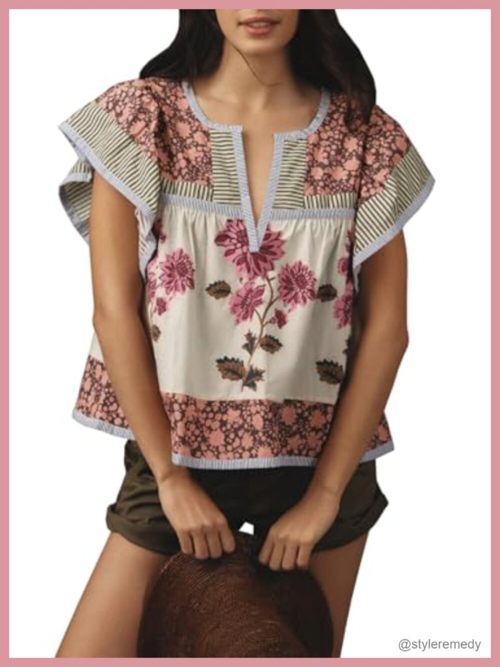 Womens Boho Floral Babydoll Top Flutter Sleeve Cotton Blend Blouse